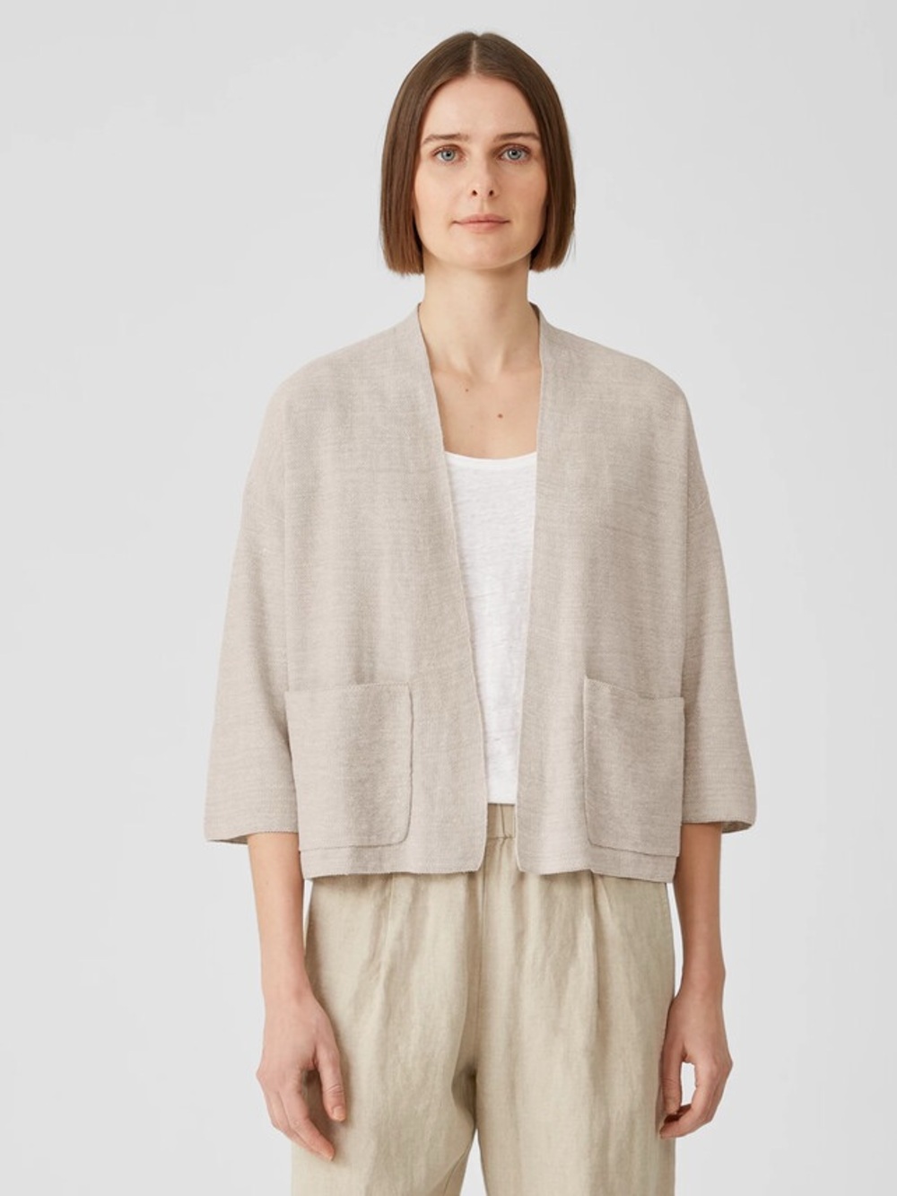 Eileen Fisher Organic Linen Cotton Seed Cardigan Size L NATURAL Lagenlook